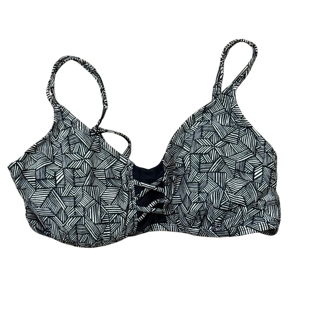 Athleta Black White Geometric Lace Up Bikini Top 34 D/DD Swimwear EUC